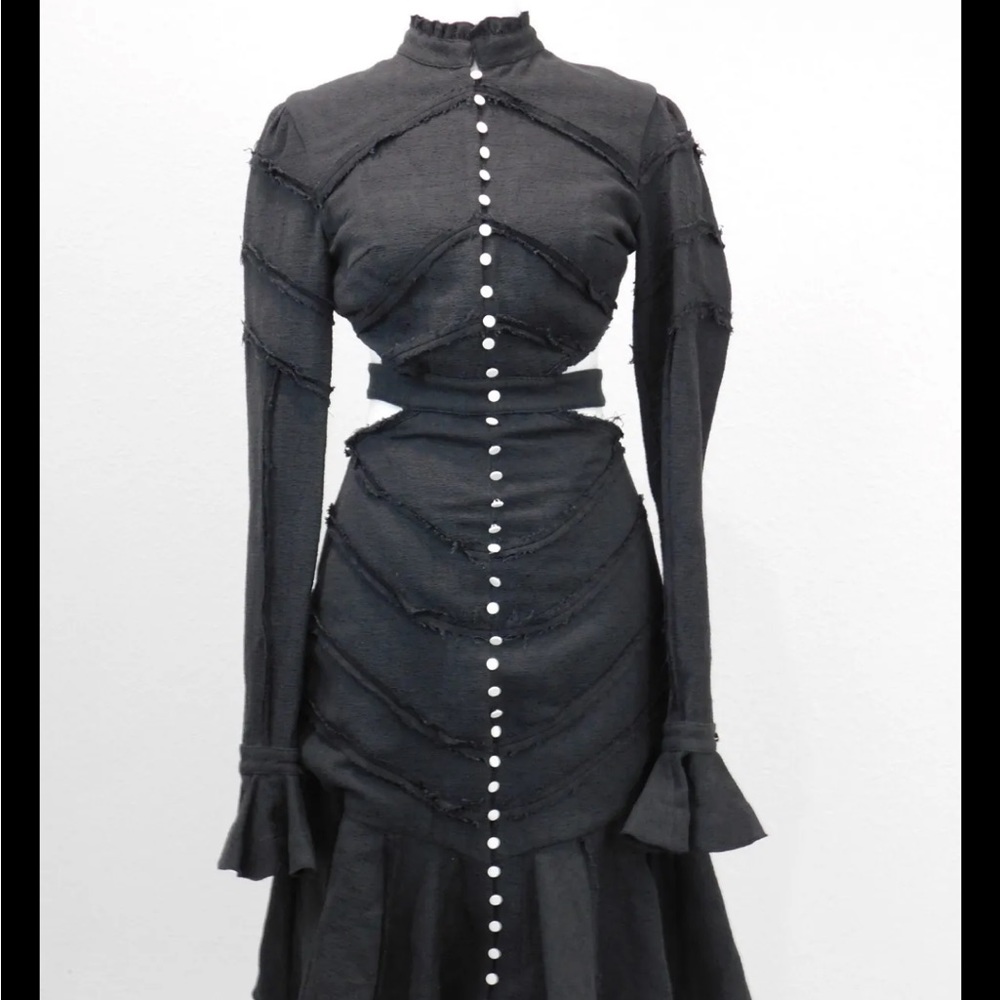 Aje Black Button-Front Midi Dress with Fluted Hem - Picture 2 of 6